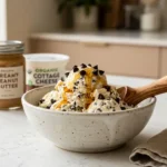 Cottage cheese ice cream with chocolate chips and peanut butter in a ceramic bowl