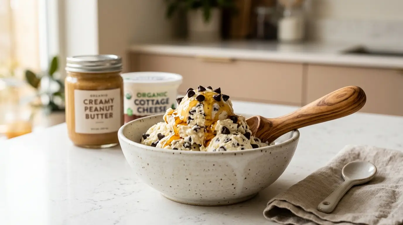 Cottage cheese ice cream with chocolate chips and peanut butter in a ceramic bowl