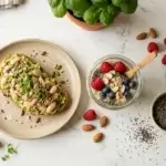 Fibermaxxing breakfast spread with overnight oats, avocado toast, chia seeds, and berries