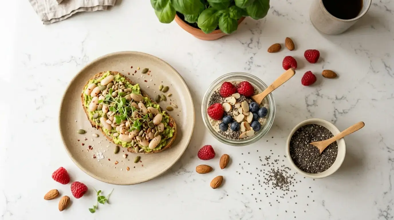 Fibermaxxing breakfast spread with overnight oats, avocado toast, chia seeds, and berries