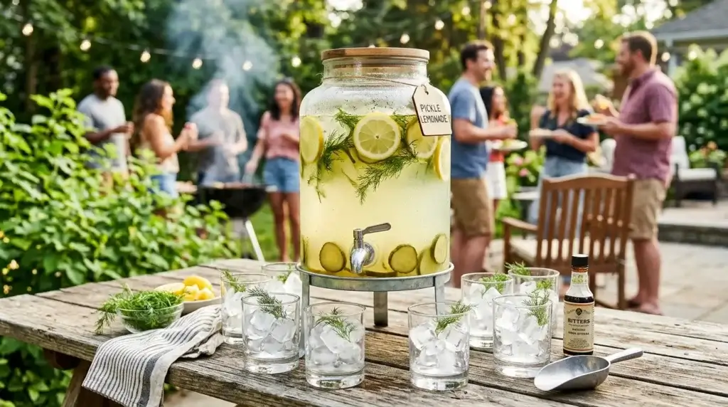 Large drink dispenser of pickle lemonade with lemon slices and dill at a summer BBQ party