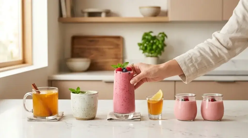 Five Lipojaro recipe variations: classic drink, green tea, smoothie, ACV shot, and jello cups