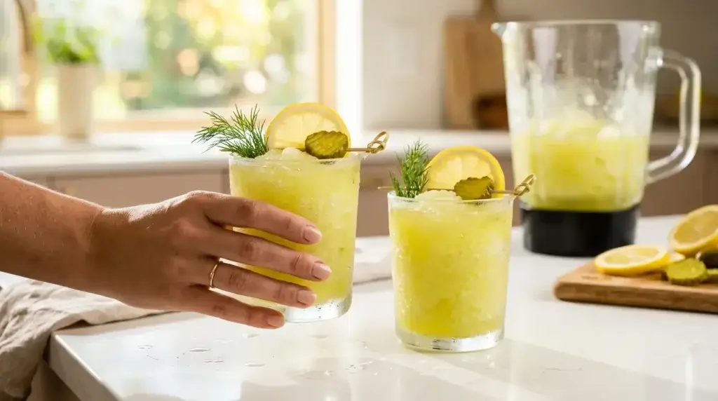 Frozen pickle lemonade slushy in frosted glasses with lemon and pickle garnish