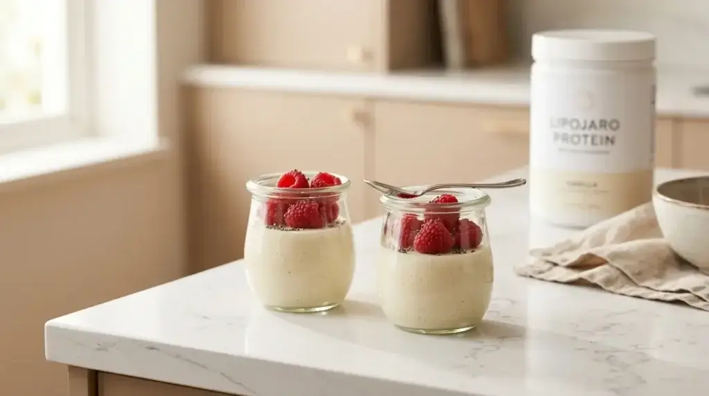 Lipojaro jello recipe in glass jars with raspberries and chia seeds
