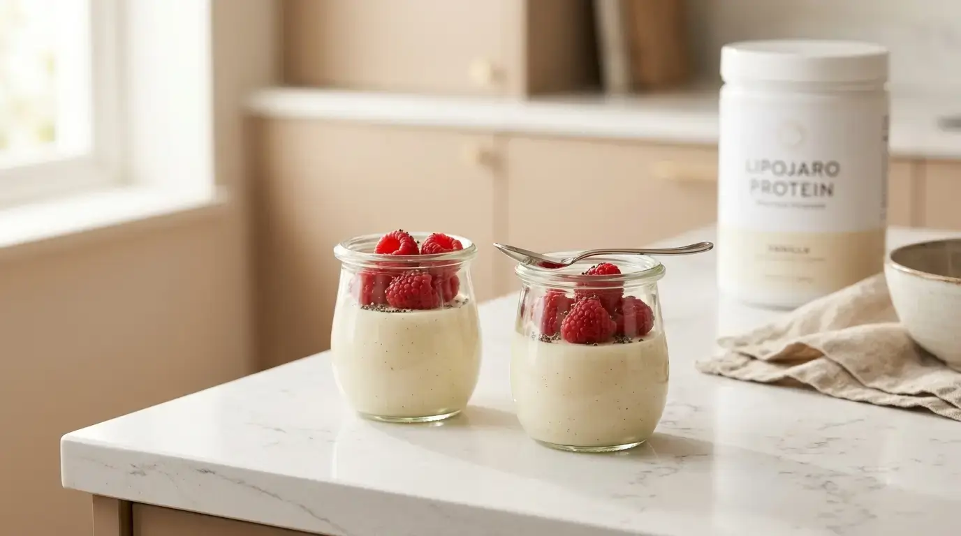 Lipojaro jello recipe in glass jars with raspberries and chia seeds