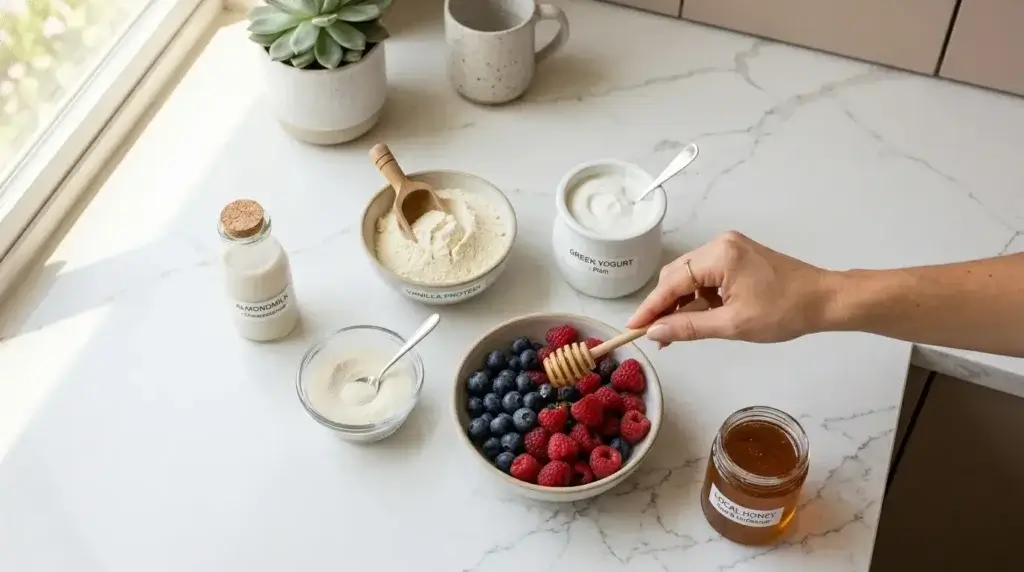 Lipojaro jello recipe ingredients: gelatin, protein powder, Greek yogurt, almond milk, and berries