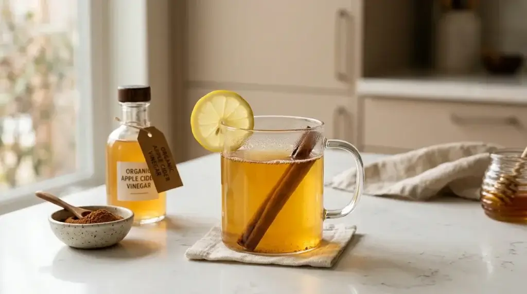 Lipojaro drink recipe with gelatin, apple cider vinegar, lemon and cinnamon in a glass mug