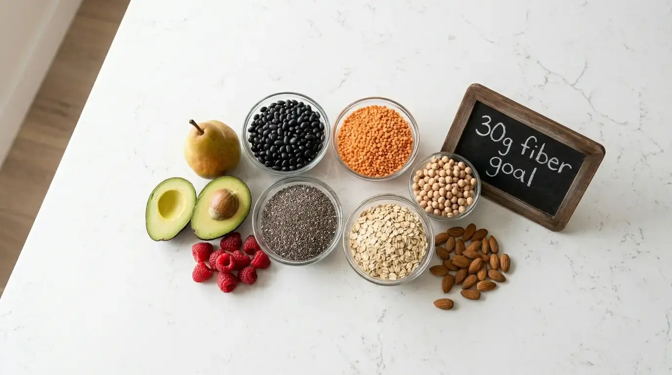 Lentils, beans, oats, seeds, avocado and berries arranged on a counter