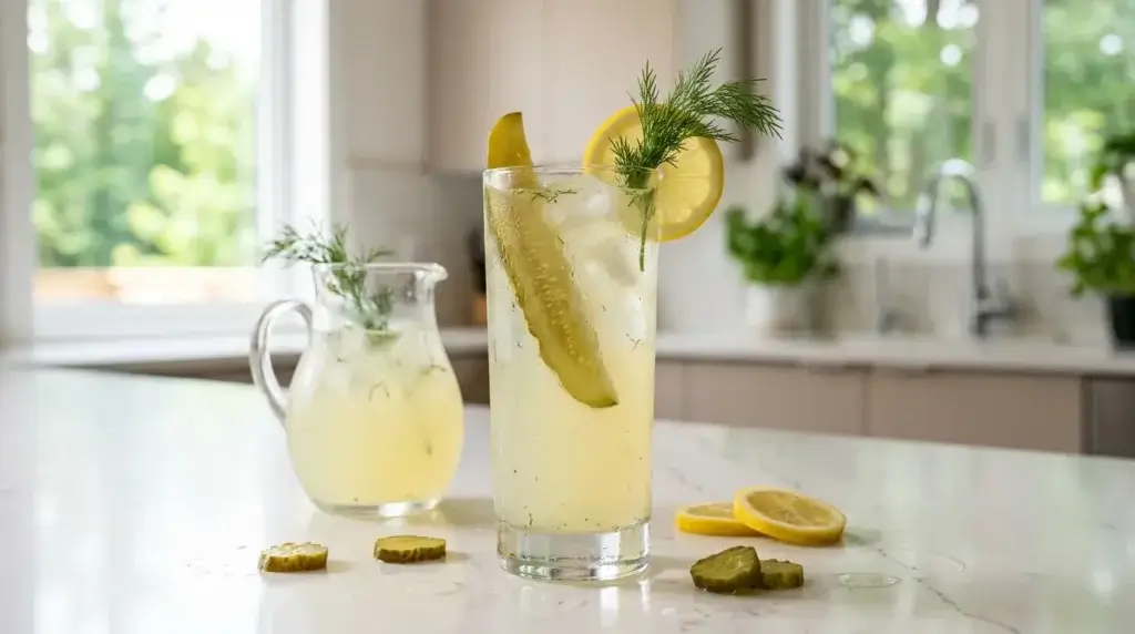 Pickle lemonade recipe in a tall glass with ice, dill pickle spear and lemon garnish
