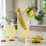 Pickle lemonade recipe in a tall glass with ice, dill pickle spear and lemon garnish