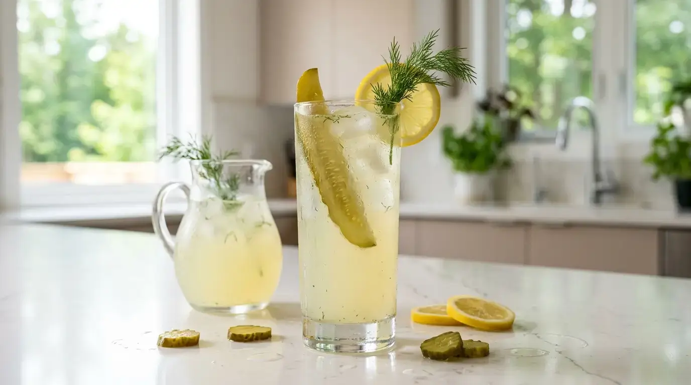 Pickle lemonade recipe in a tall glass with ice, dill pickle spear and lemon garnish