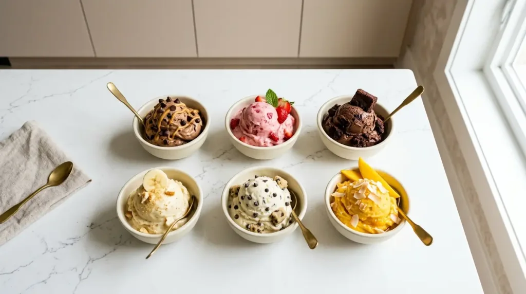 Six cottage cheese ice cream flavor variations in small bowls: peanut butter, strawberry, chocolate, banana, cookie dough, and mango