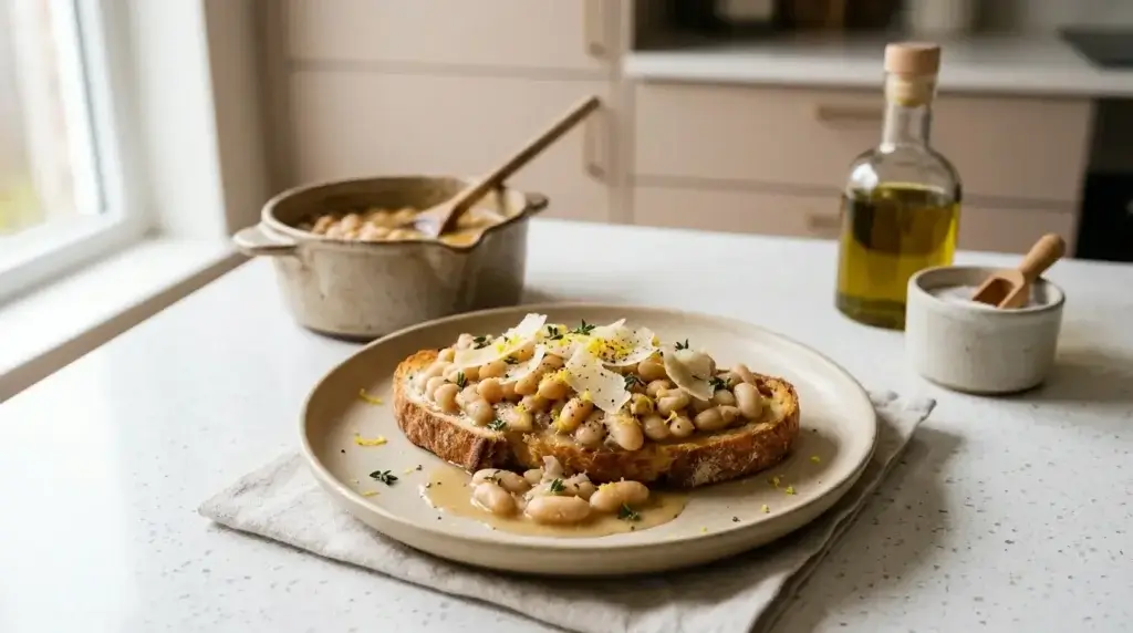 Brothy white beans on sourdough toast with Parmesan and lemon zest