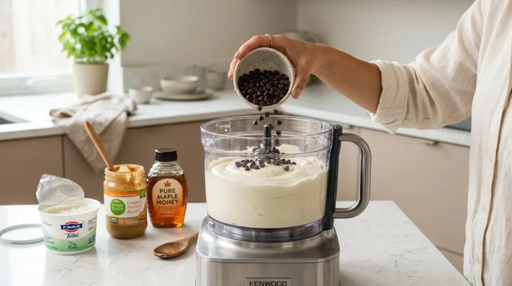Blending cottage cheese ice cream in a food processor with peanut butter and honey