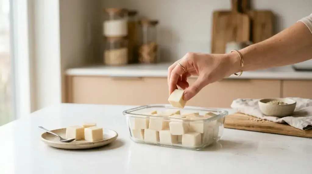Lipojaro protein gelatin cubes in a meal prep container with a woman's hand picking one