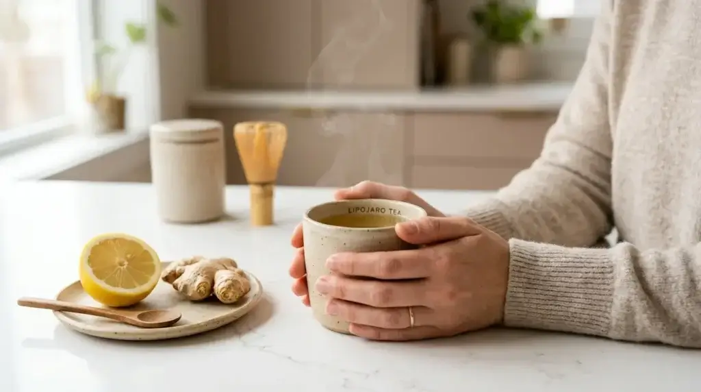 Woman holding a warm cup of Lipojaro green tea gelatin drink with lemon and ginger