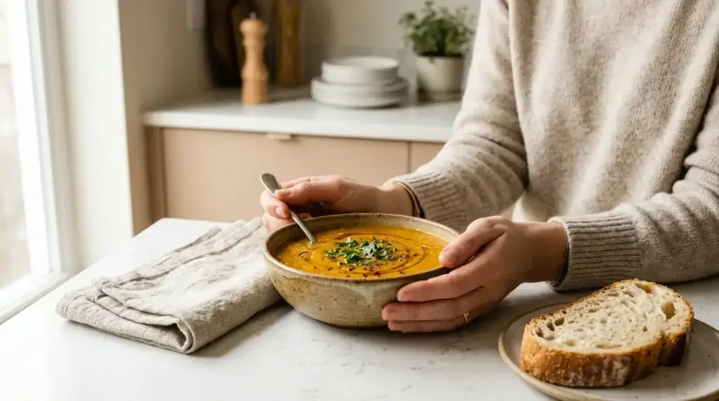 Woman holding a bowl of high-fiber red lentil soup in a minimalist kitchen