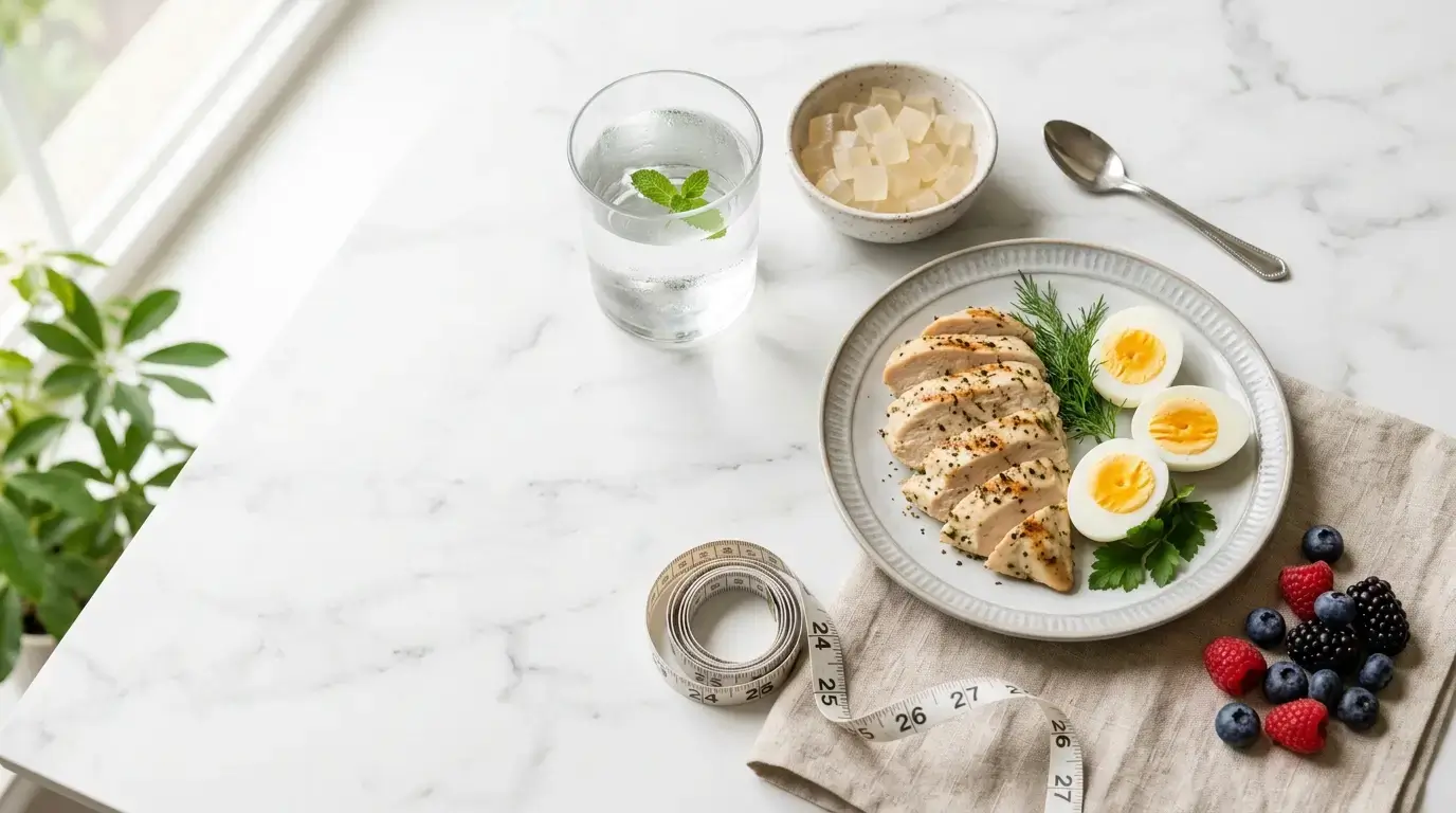High protein foods for weight loss including grilled chicken, eggs, and gelatin on marble surface