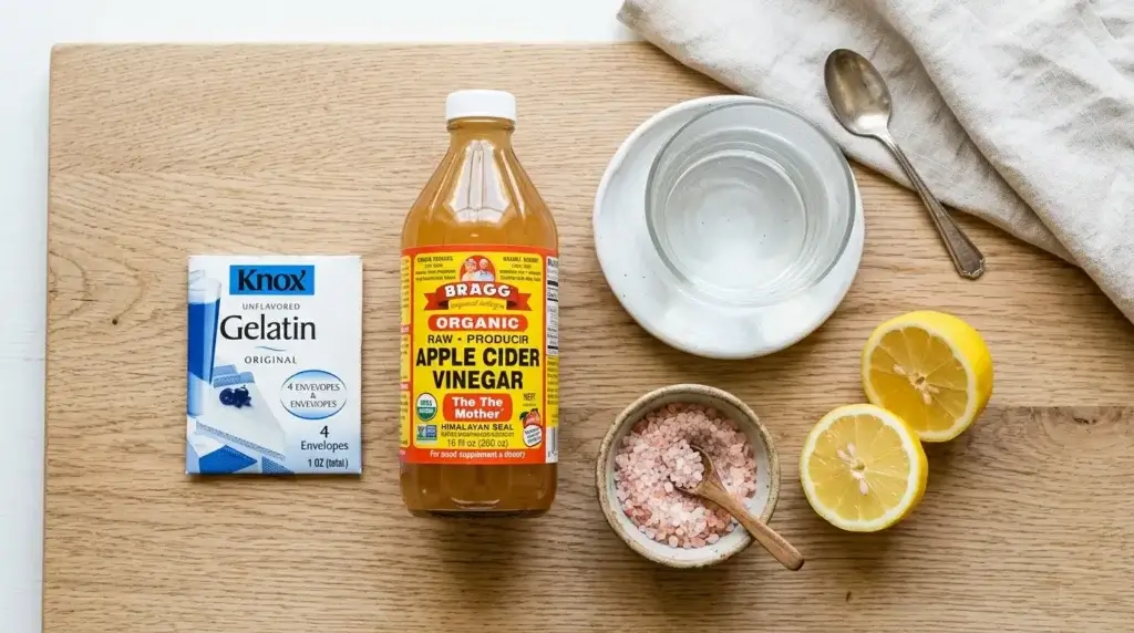 Ingredients for Dr. Gupta gelatin recipe — gelatin, ACV, lemon, pink salt