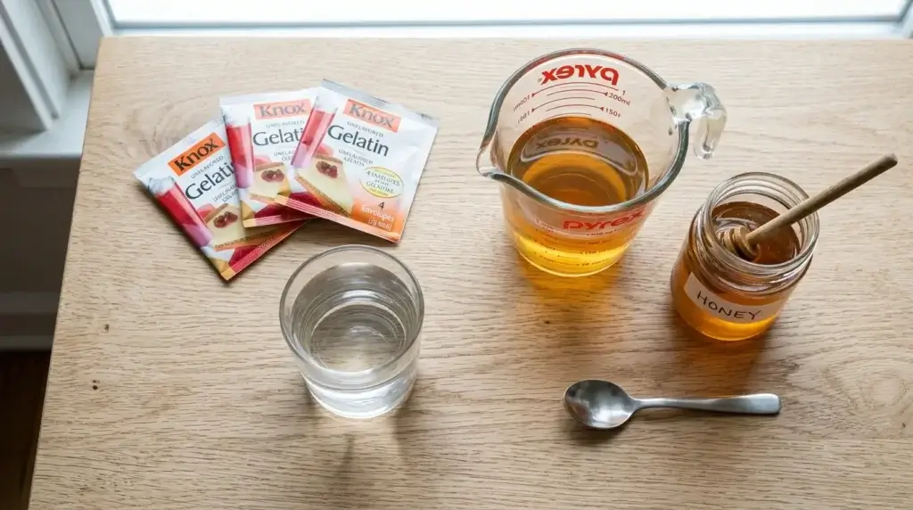 Knox gelatin recipe ingredients — gelatin packets, juice, water and honey