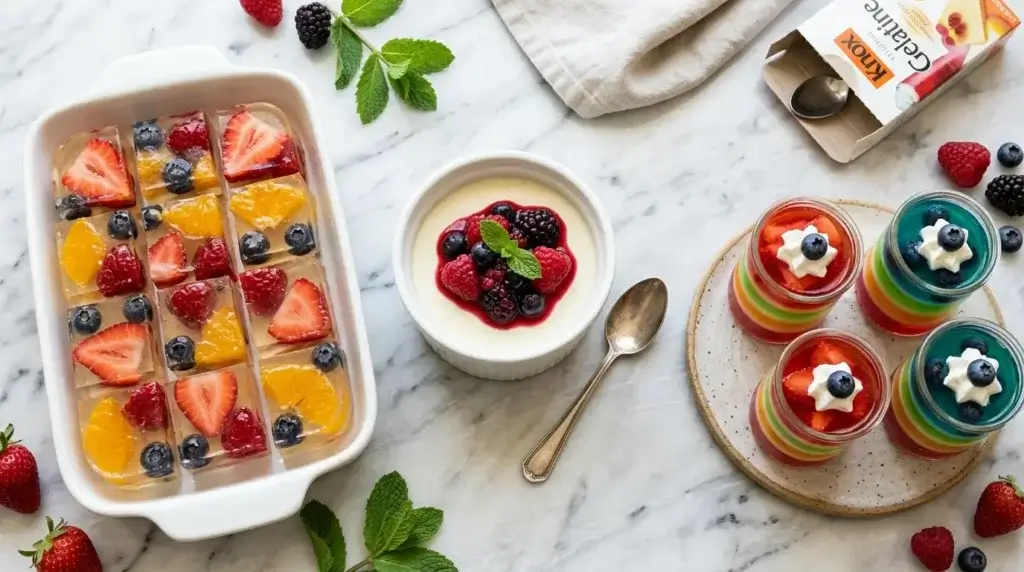 Knox gelatin recipe variations — fruit jello squares, panna cotta and layered gelatin