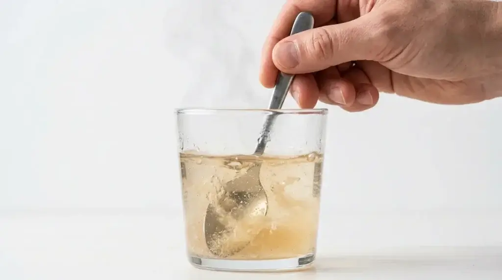 Stirring unflavored gelatin into warm water to make the Dr. Gupta weight loss recipe