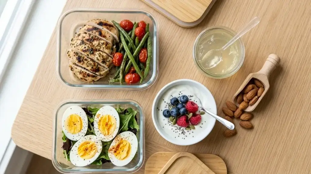 High protein meal prep with chicken, eggs, Greek yogurt, almonds, and gelatin for weight loss