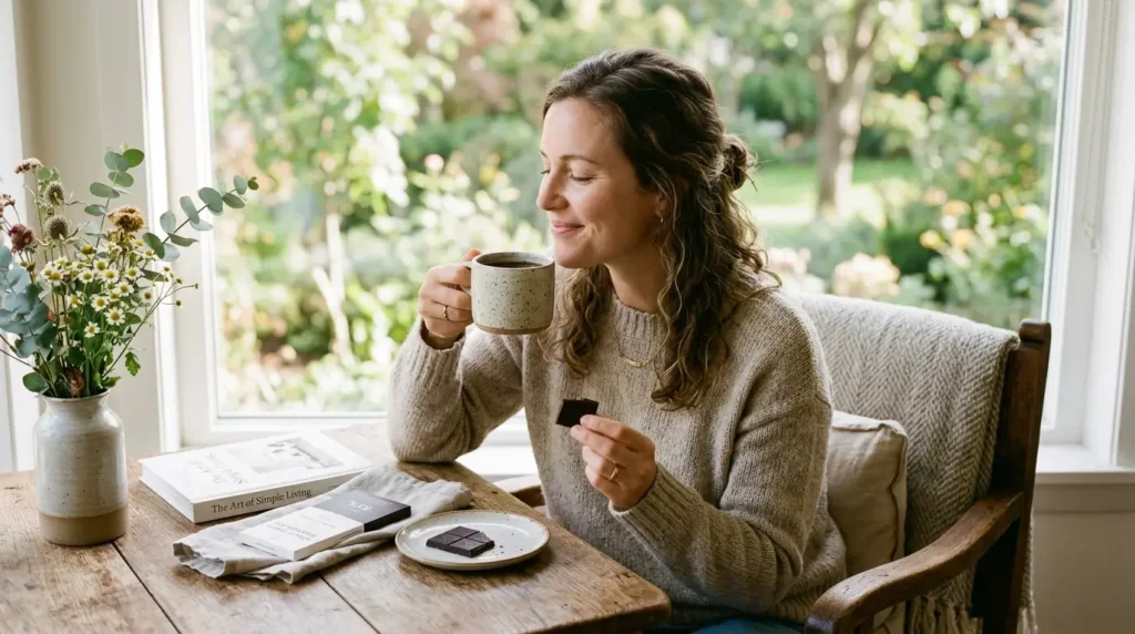 Woman enjoying daily dark chocolate serving showing health benefits of moderate consumption