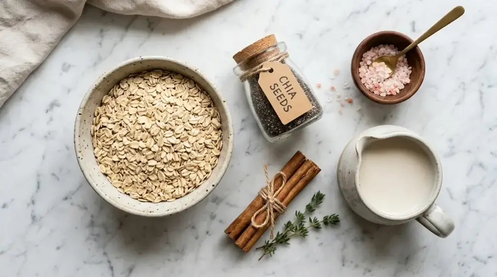 Ingredients for Valerie Bertinelli oat trick — rolled oats, chia seeds, cinnamon, almond milk