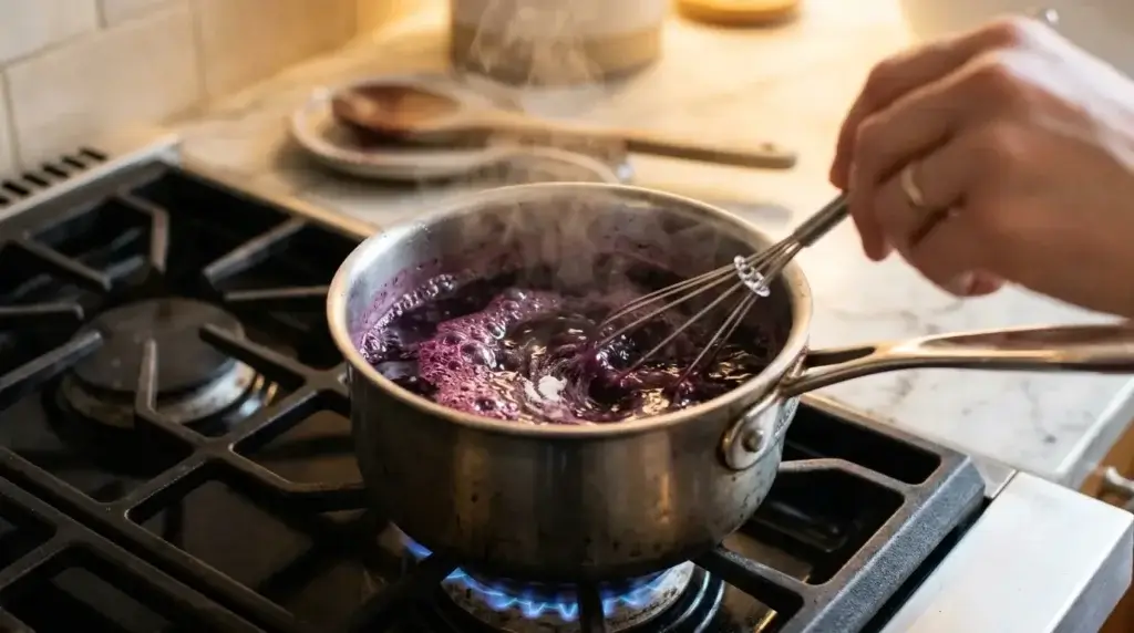 Whisking agar agar powder into hot fruit juice on the stovetop — vegan gelatin recipe