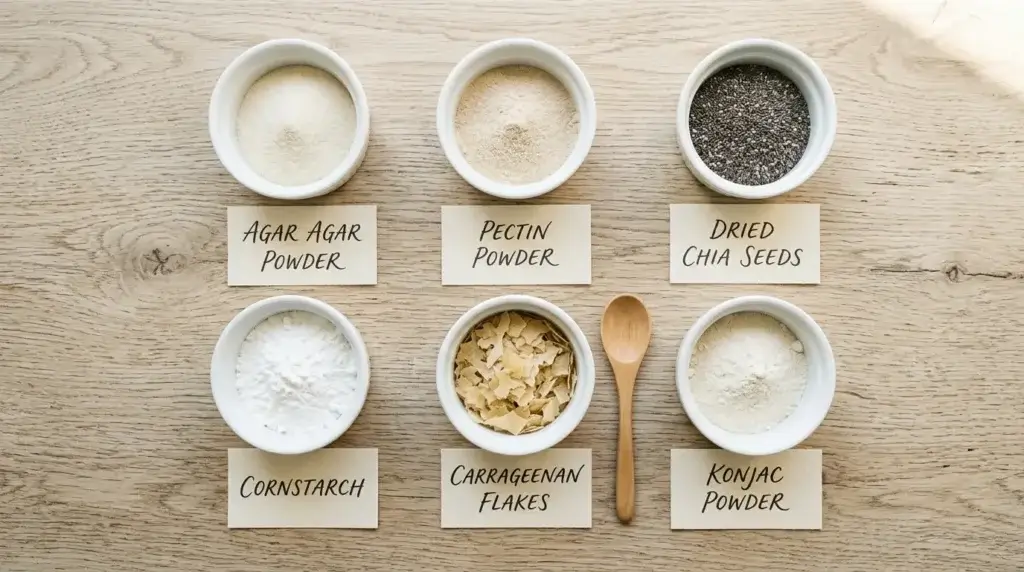 Six vegan gelatin substitutes — agar agar, pectin, carrageenan, konjac, cornstarch and chia seeds