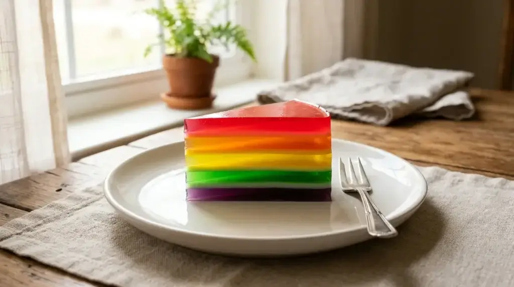Rainbow layered agar jelly made with gelatin sticks — colorful Asian dessert