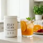 Jelly Lean supplement by Jillian Michaels next to a prepared gelatin drink