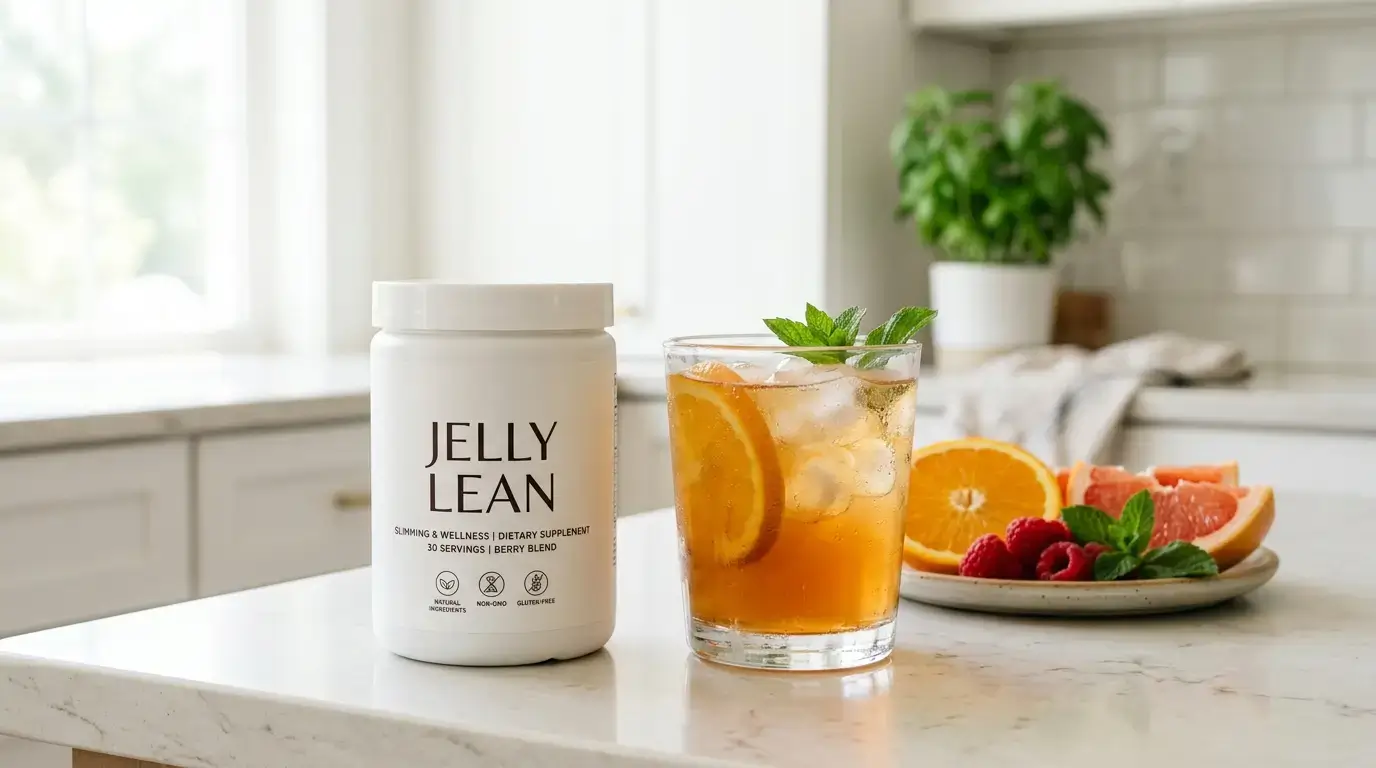 Jelly Lean supplement by Jillian Michaels next to a prepared gelatin drink