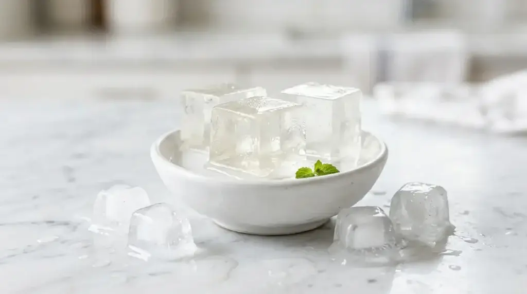 Clear unflavored gelatin cubes in a white bowl on marble surface — the viral gelatin trick for weight loss