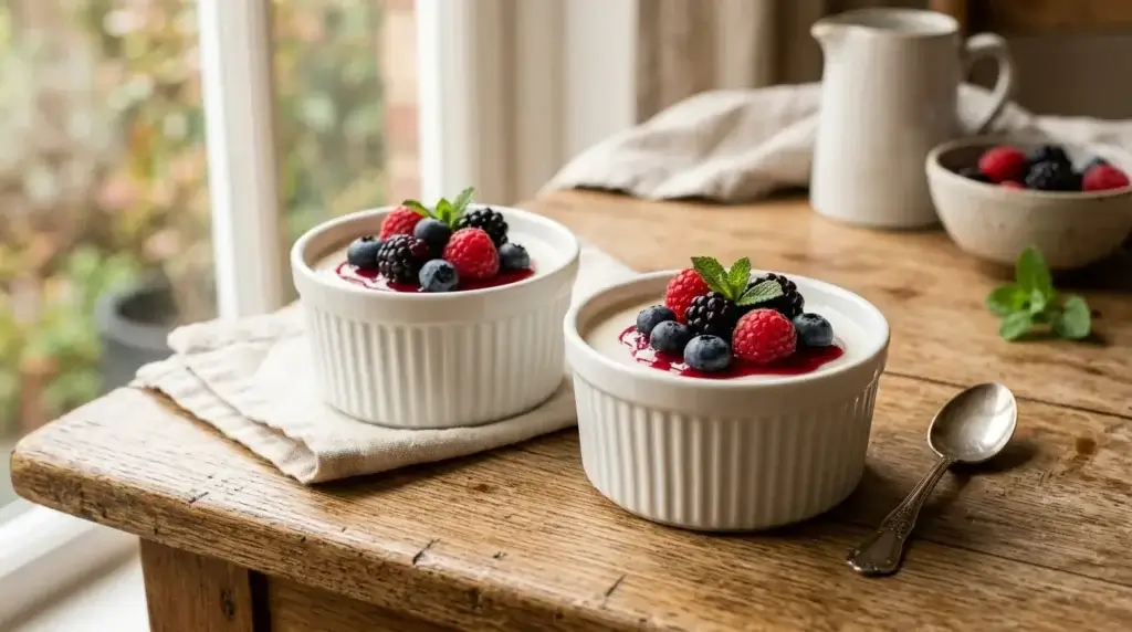 Vegan panna cotta made with agar agar and coconut milk, topped with fresh berries