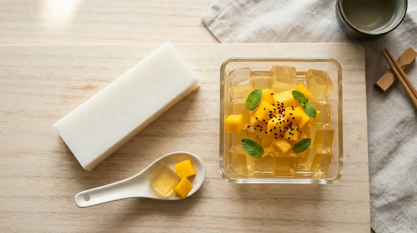 Gelatin sticks — agar agar bar beside homemade kanten jelly cubes