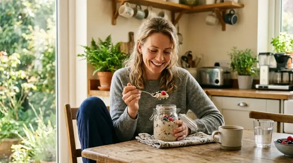 Woman eating Valerie Bertinelli oat trick overnight oats for weight loss in the morning