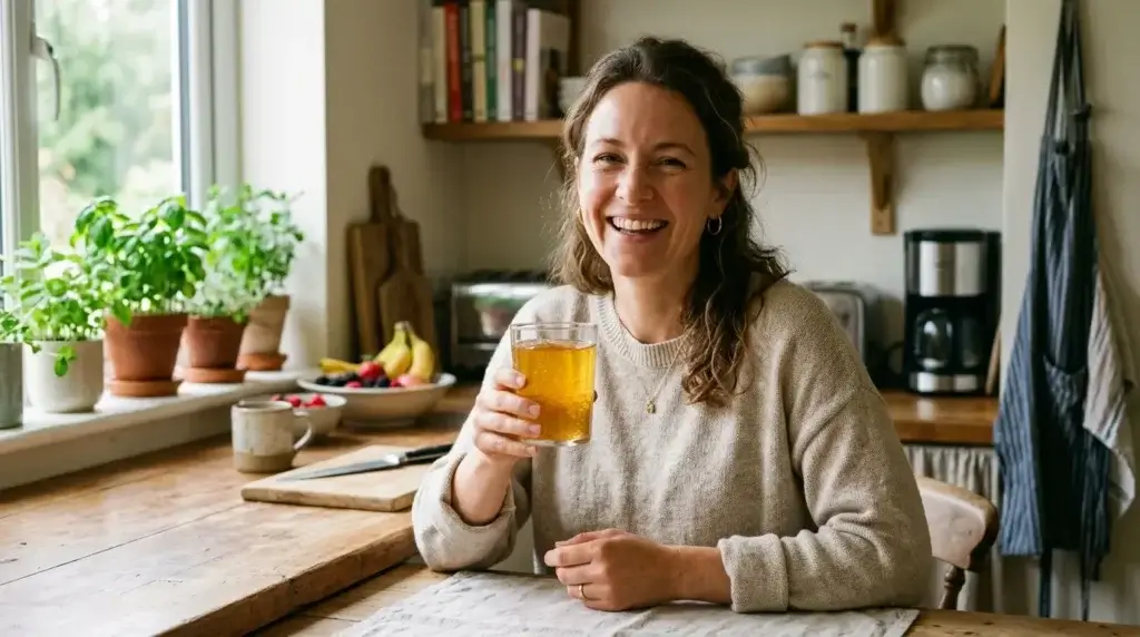 Woman drinking Dr. Gupta gelatin recipe for weight loss in the morning