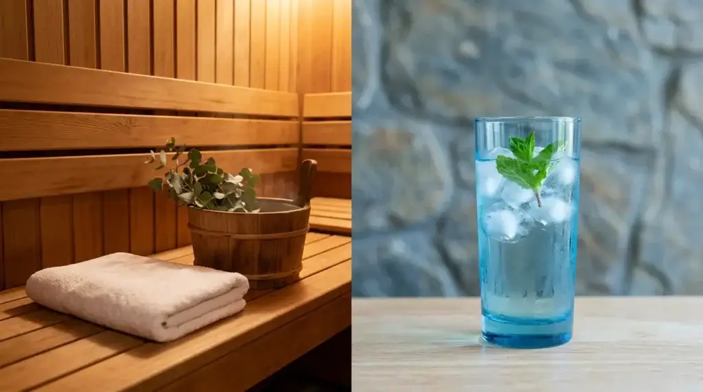 Wooden sauna bench with towel and cold water glass representing infrared sauna and cold plunge wellness habits