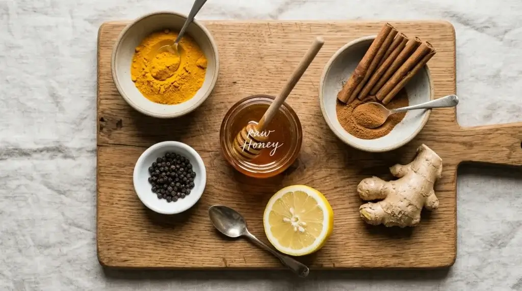 Asian honey protocol recipe ingredients: raw honey, turmeric, cinnamon, black pepper, ginger, and lemon