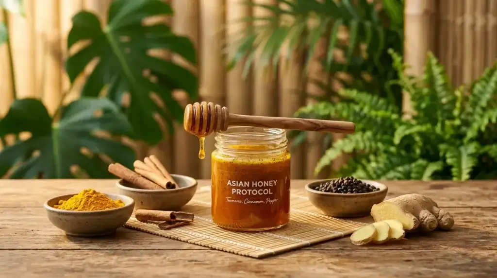 Asian honey protocol recipe blend in a glass jar with turmeric, cinnamon, black pepper, and ginger