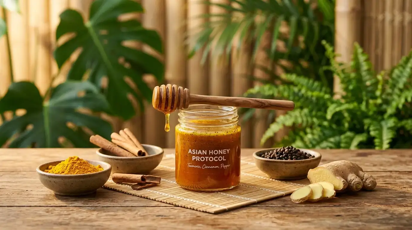 Asian honey protocol recipe blend in a glass jar with turmeric, cinnamon, black pepper, and ginger