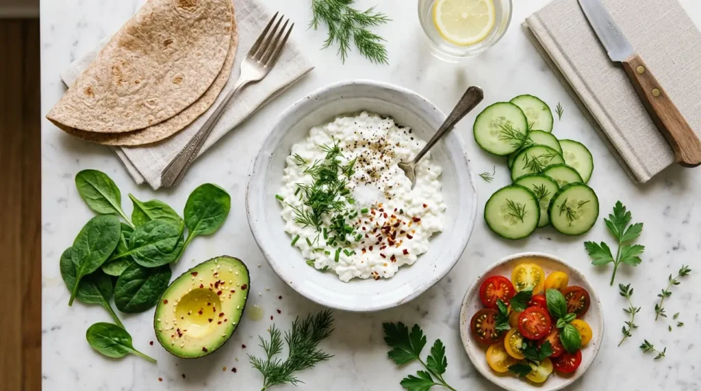 Cottage cheese wrap ingredients: cottage cheese, tortilla, avocado, vegetables