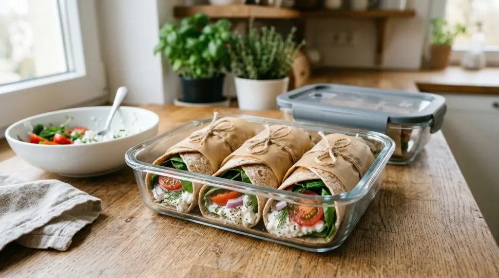 Cottage cheese wraps wrapped in parchment paper for meal prep