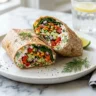 Cottage cheese wrap recipe cut in half showing fresh vegetable filling