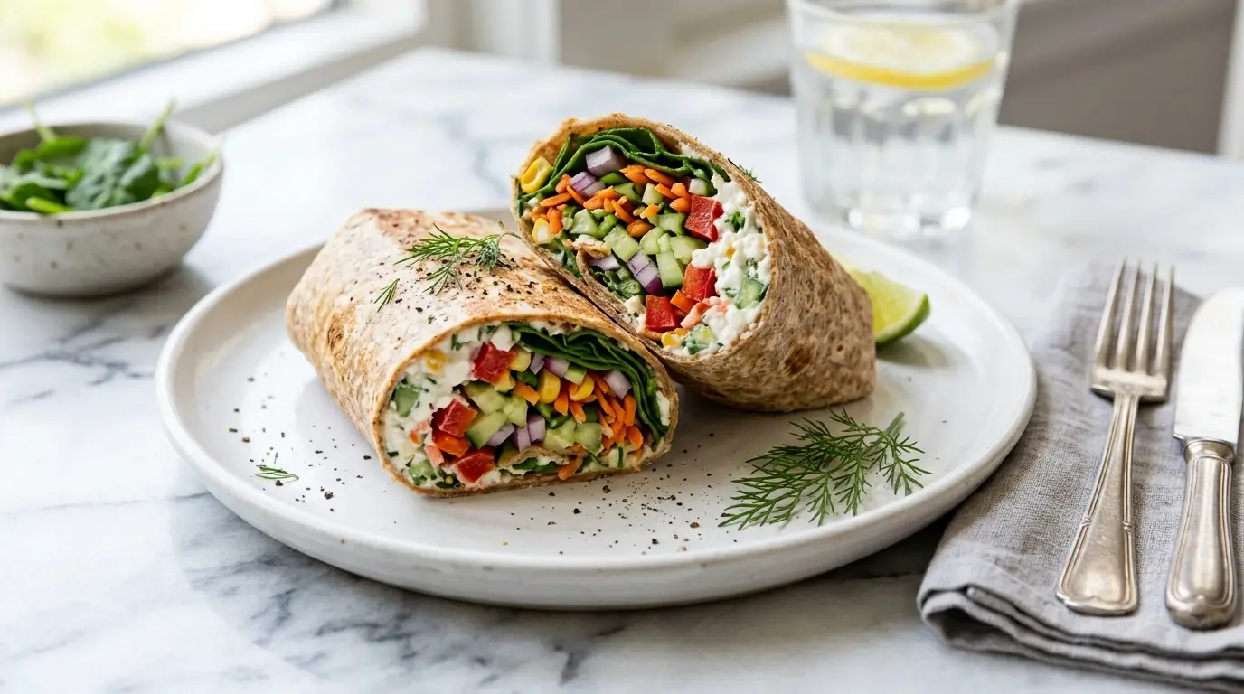 Cottage cheese wrap recipe cut in half showing fresh vegetable filling