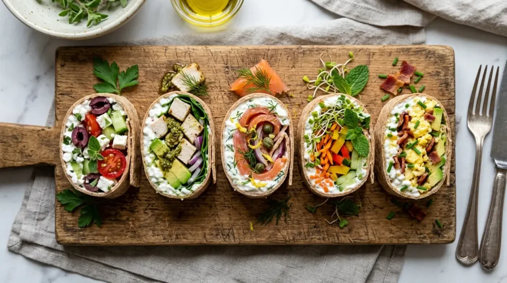Five cottage cheese wrap variations: mediterranean, chicken, salmon, veggie and breakfast