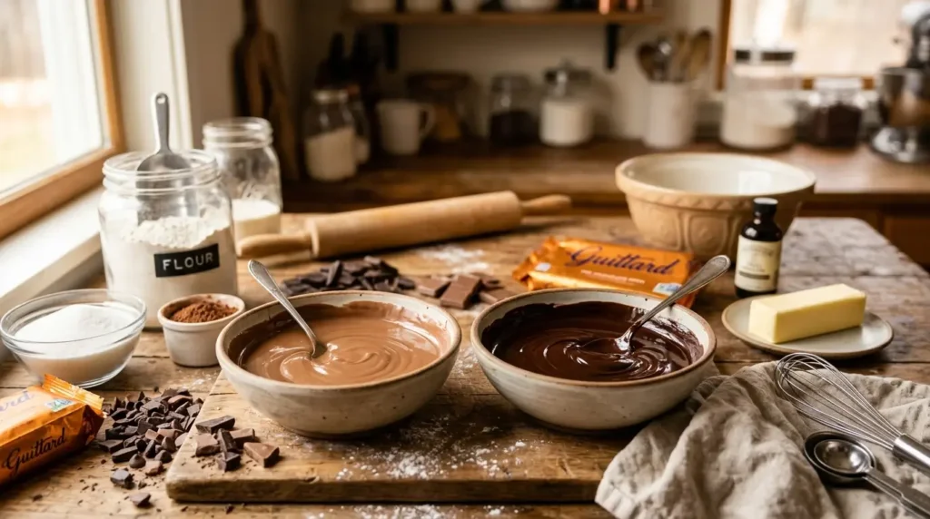 Melted milk chocolate and dark chocolate in bowls for baking recipes comparison