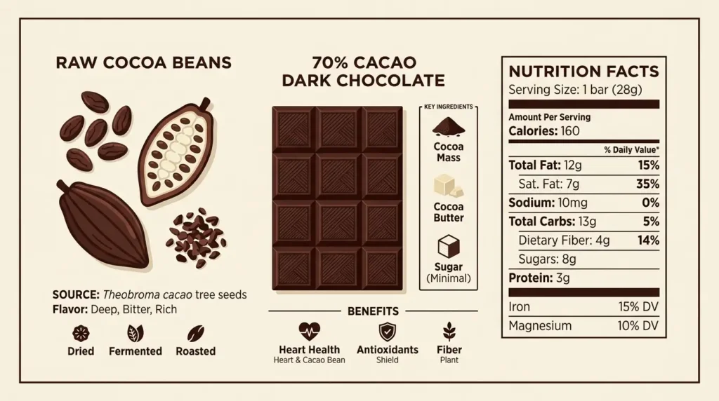 Dark chocolate nutrition facts showing high cocoa content, flavanols and minerals